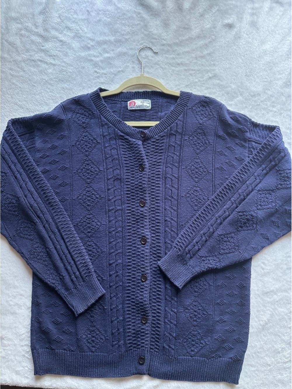 Vintage 90s Isle of Cotton Cardigan Sweater Navy Blue Knit Made in USA Ladies L